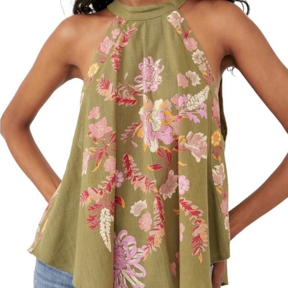 Free People Emily Floral Handkerchief Halter Top Womens Small Mossy Green NWT - Picture 4 of 8